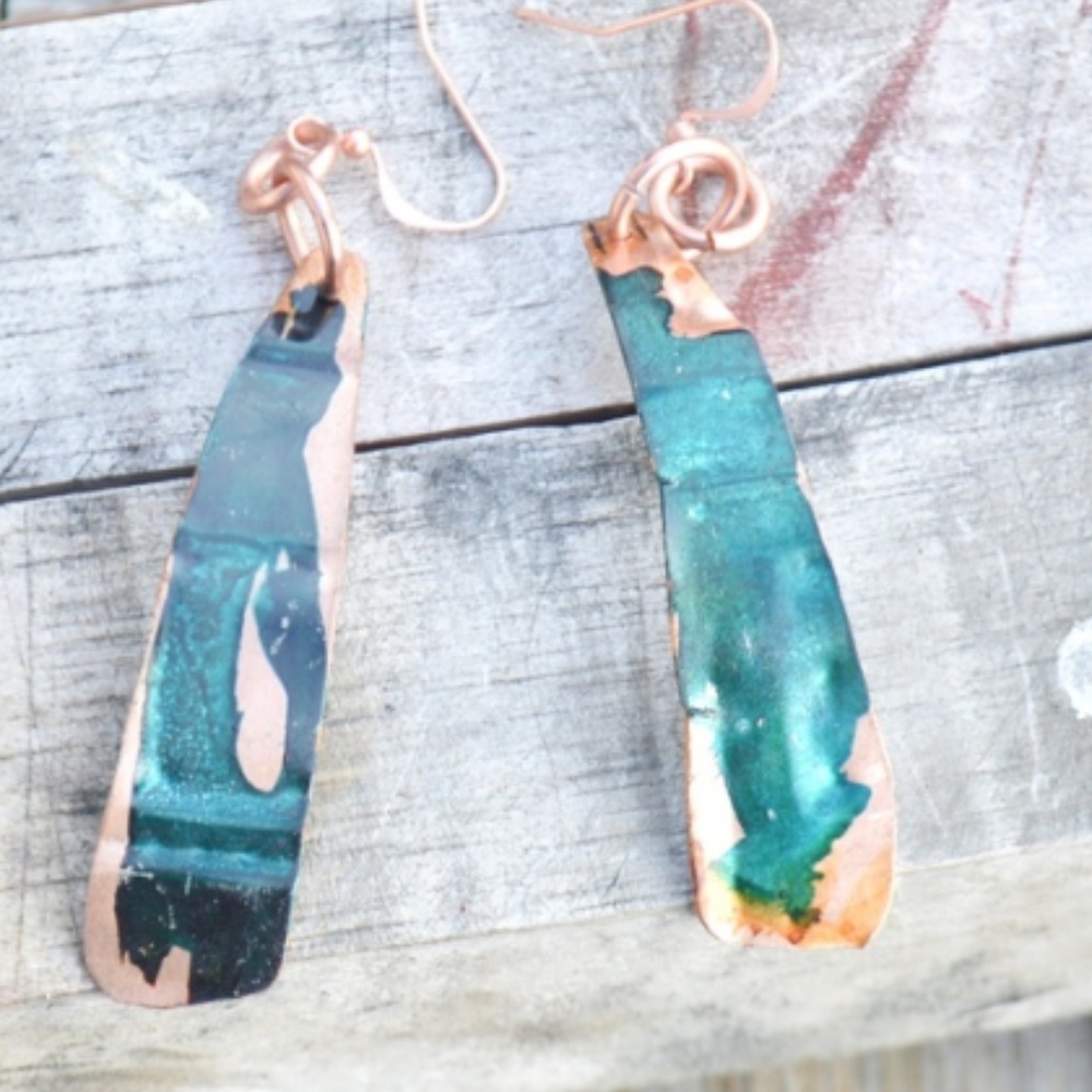 Brutalist Modernist Rustic Deep Green Long Textured Solid Pure Copper Earrings - Picture 2 of 3